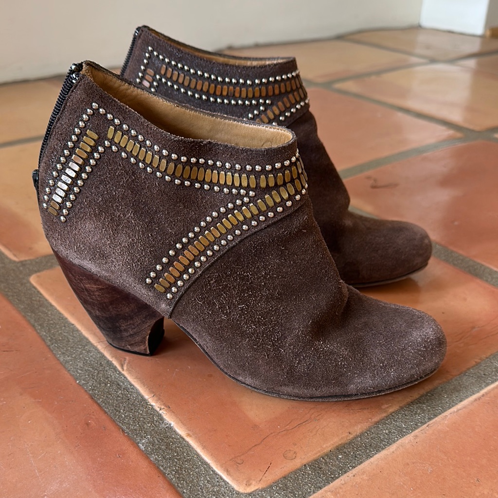 Calleen Cordero Brown Suede Ankle Booties With Gold Studs